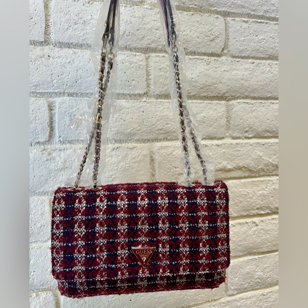 NWT GUESS burgundy Tweed Chain-Handle Shoulder Bag